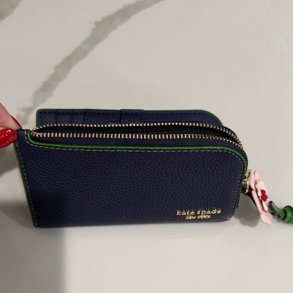 Kate Spade “In the Garden Small Slim Bifold” Navy Wallet with Pink Floral Accent - Picture 7 of 7